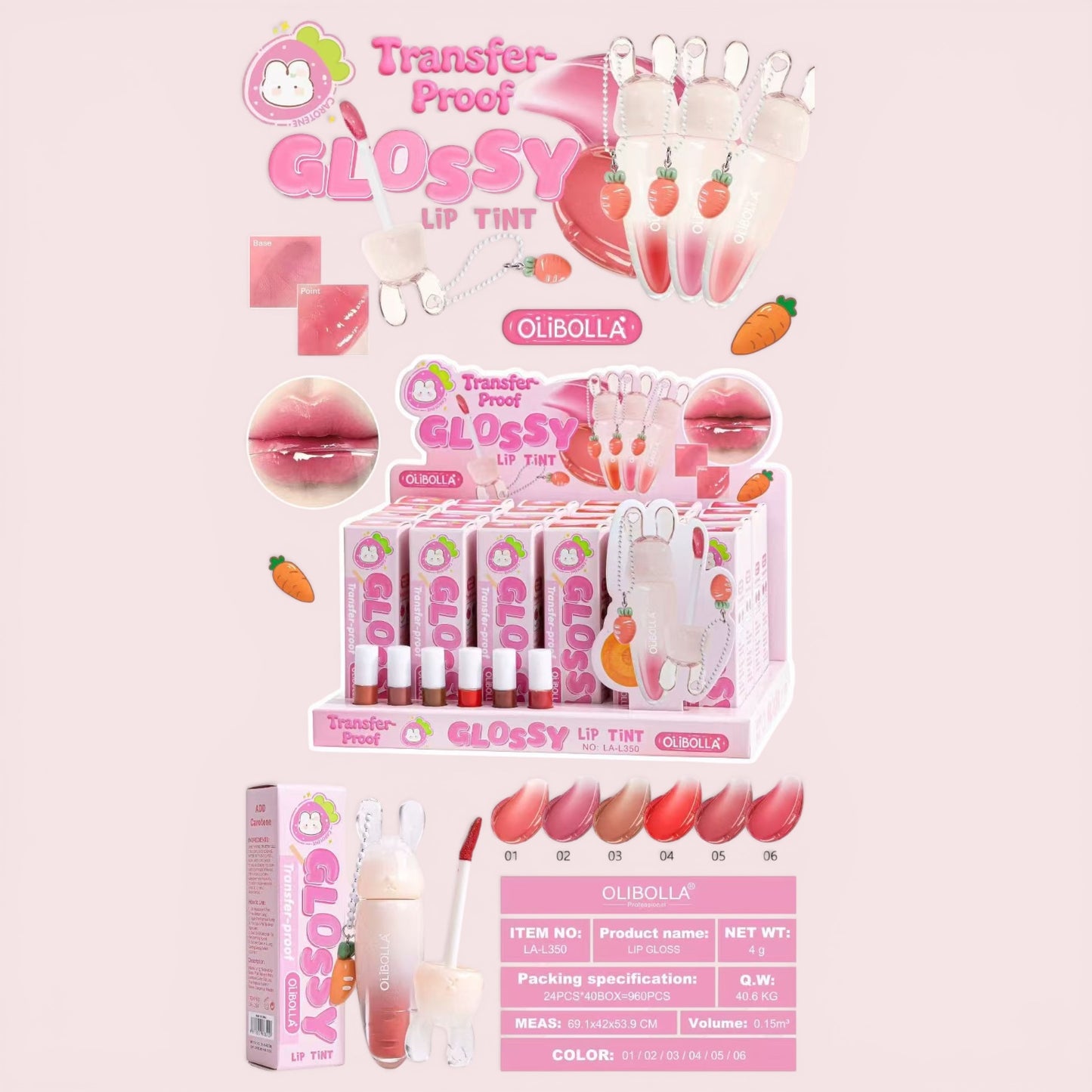 24PCS DISPLAY OLIBOLLA TRANSFER PROOF GLOSSY LIP TINT LA - L350