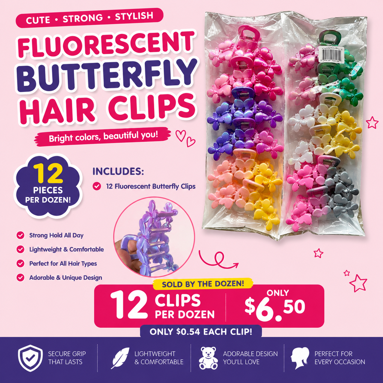 12PCS PACK MULTI COLOR BUTTERFLY HAIR CLIPS BHC3