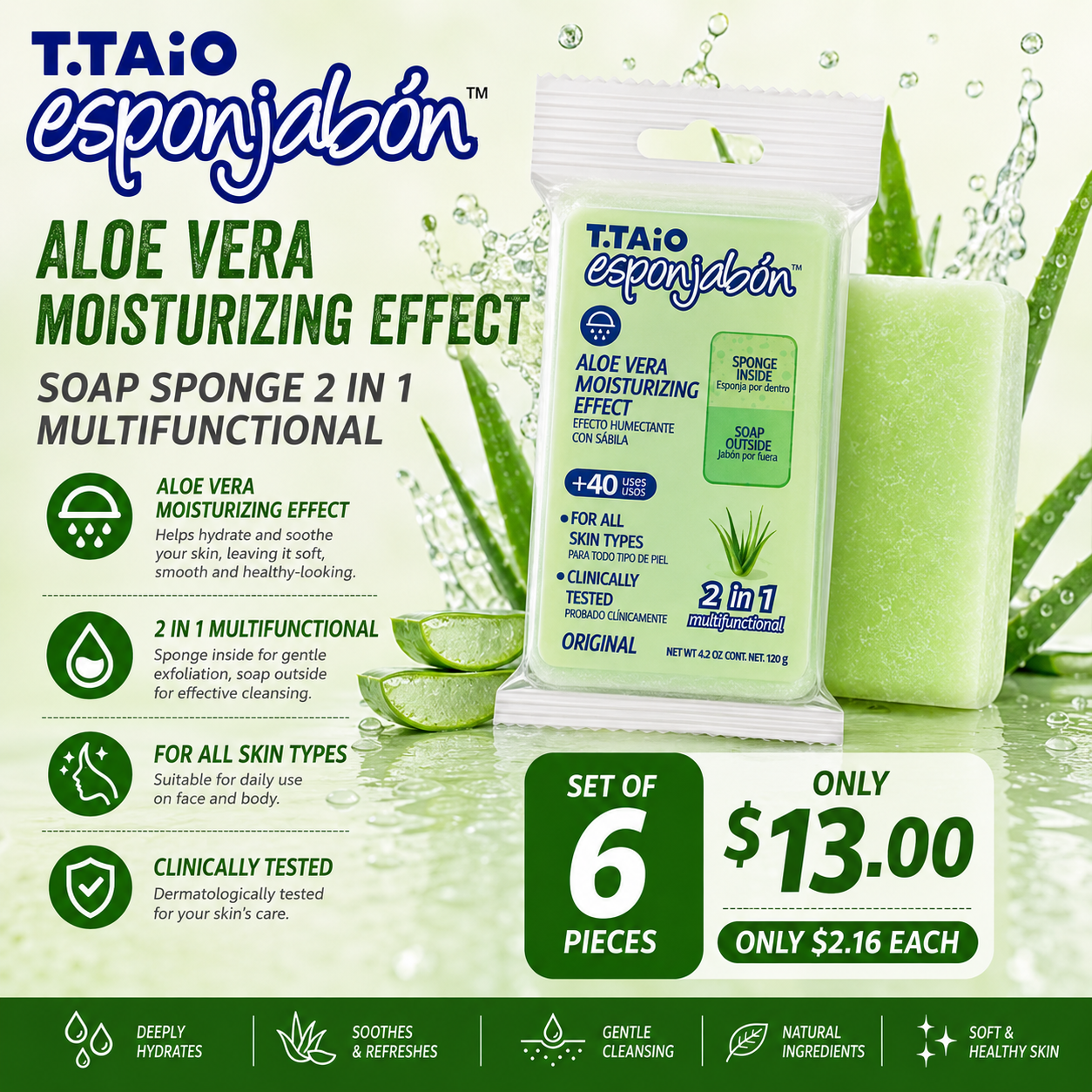 6PCS T.TAIO ESPONJABON ALOE VERA 5878