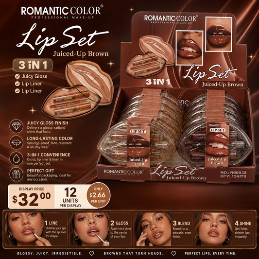 12PCS DISPLAY ROMANTIC COLOR JUICE UP BROW 3 IN 1 LIP SET  R65032