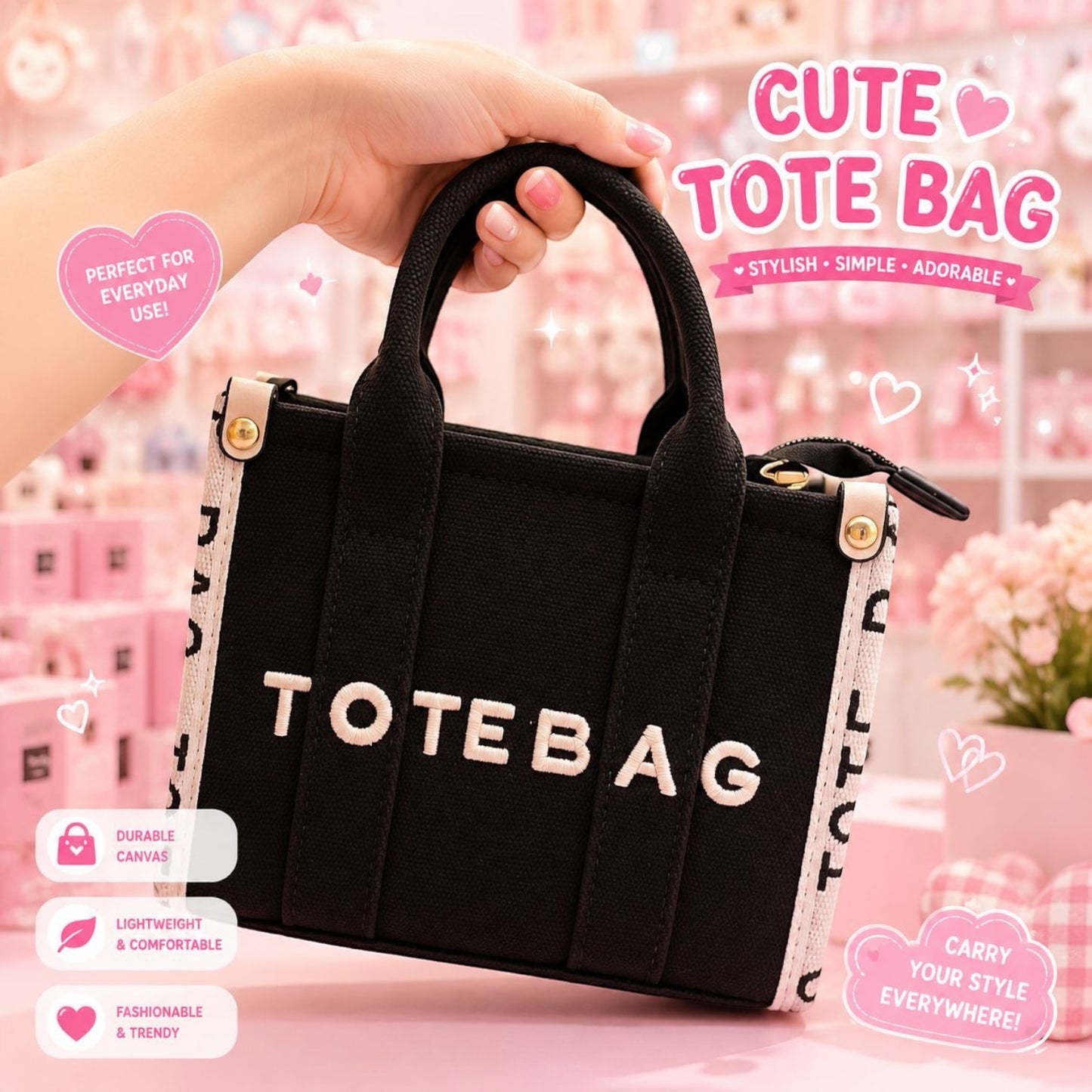 1PC DARK & WHITE MINI TOTE BAG WITH STRAP FB-0164 BK