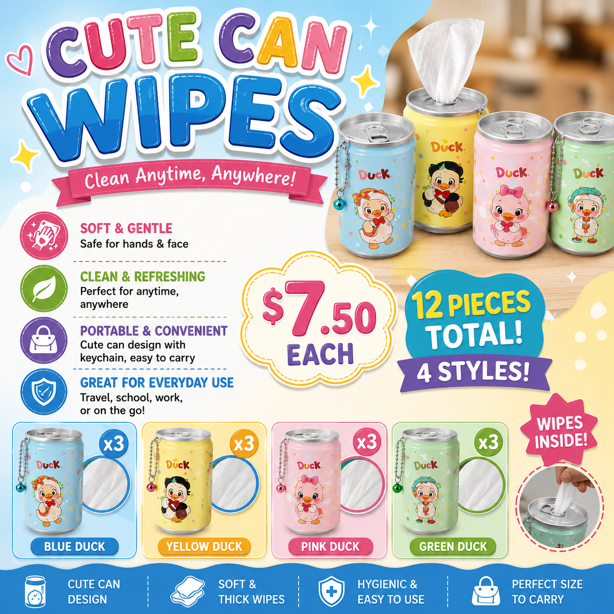 12PCS DISPLAY CUTE CHICKY HAND  WIPES ANV-1540
