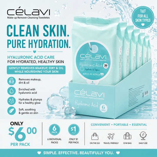 6PCS DISPLAY CELAVI  HYALURONIC ACID MAKE-UP REMOVER CLEANSING TOWELETTES MT018