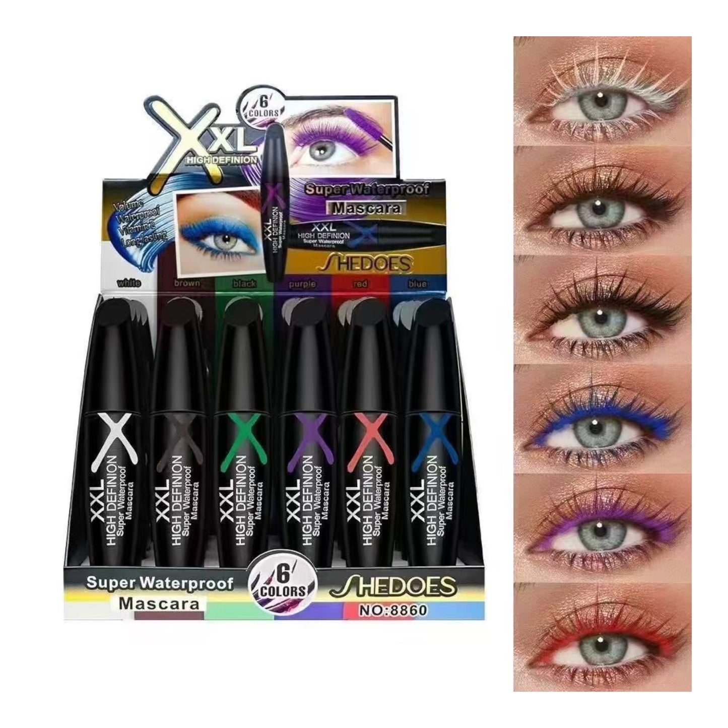 24PCS DISPLAY SHEDOES 6 COLOR SUPER WATERPROOF MASCARA 24 PCS 8860