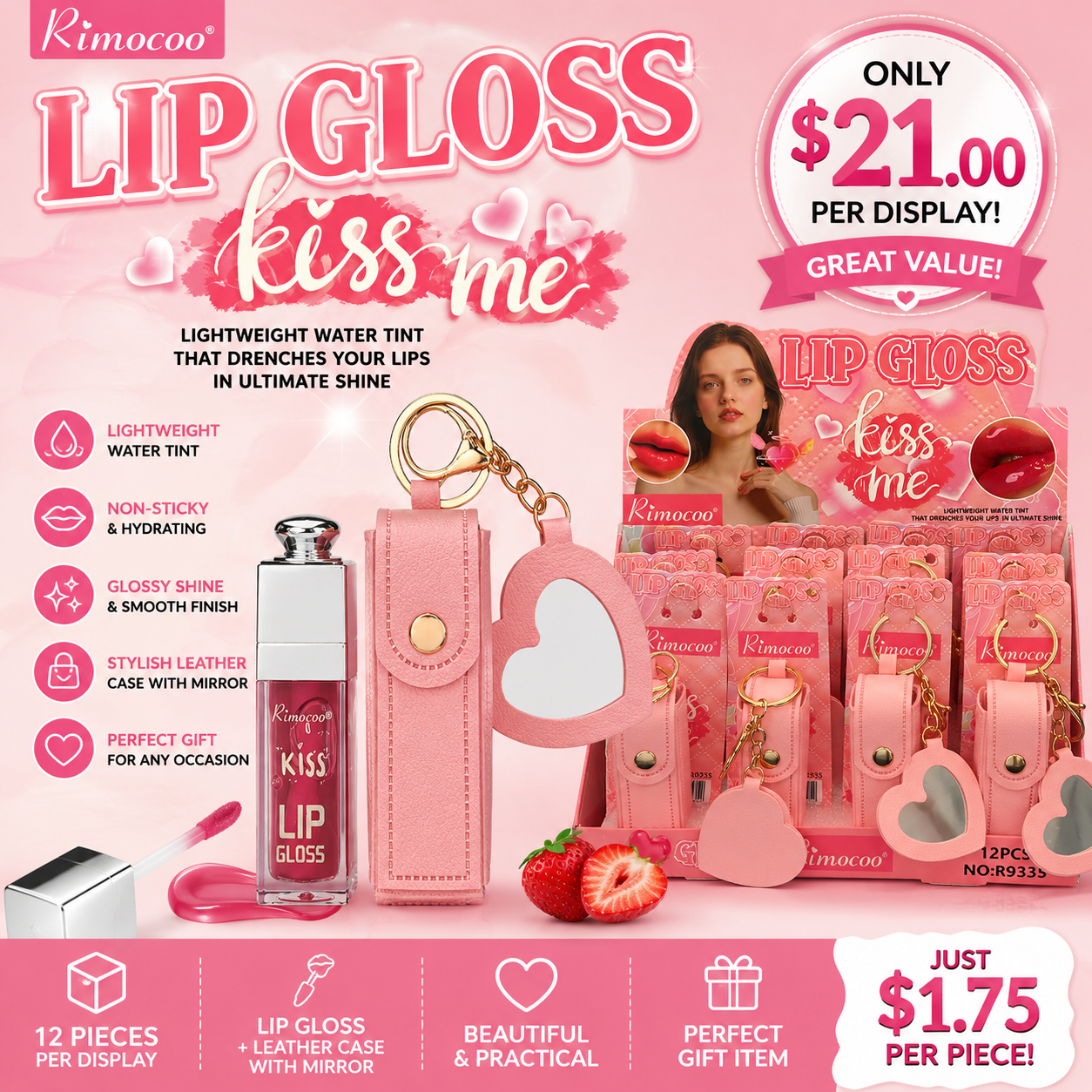 12PCS DISPLAY RIMOCOO KISS ME LEATHER  LIP GLOSS CASE R9335