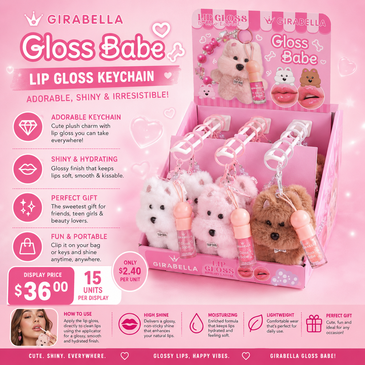 15PCS  DISPLAY PLUSH  DOG KEYCHAIN + GLOSS LIP #C4115