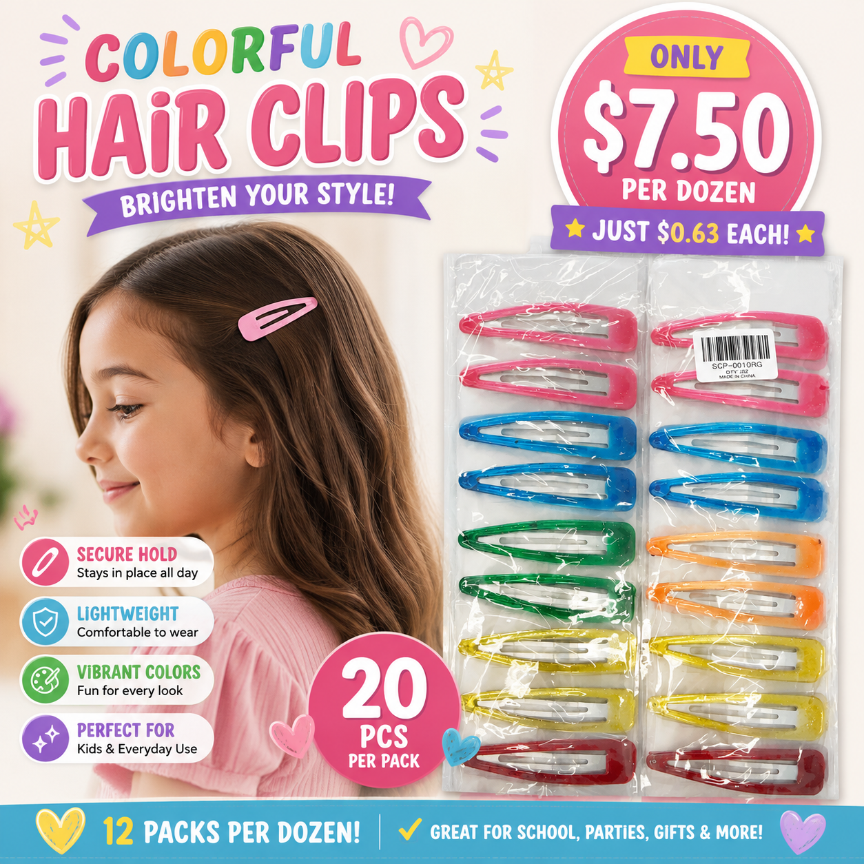 12PCS PACK CLIP ON COLORFUL HAIR CLIPS SCP-0010RG