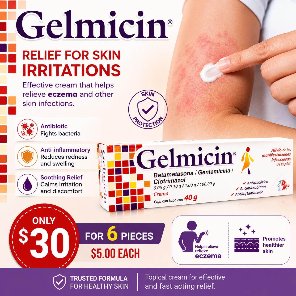 6PCS GELMICIN ECZEMA CREAM 40G
