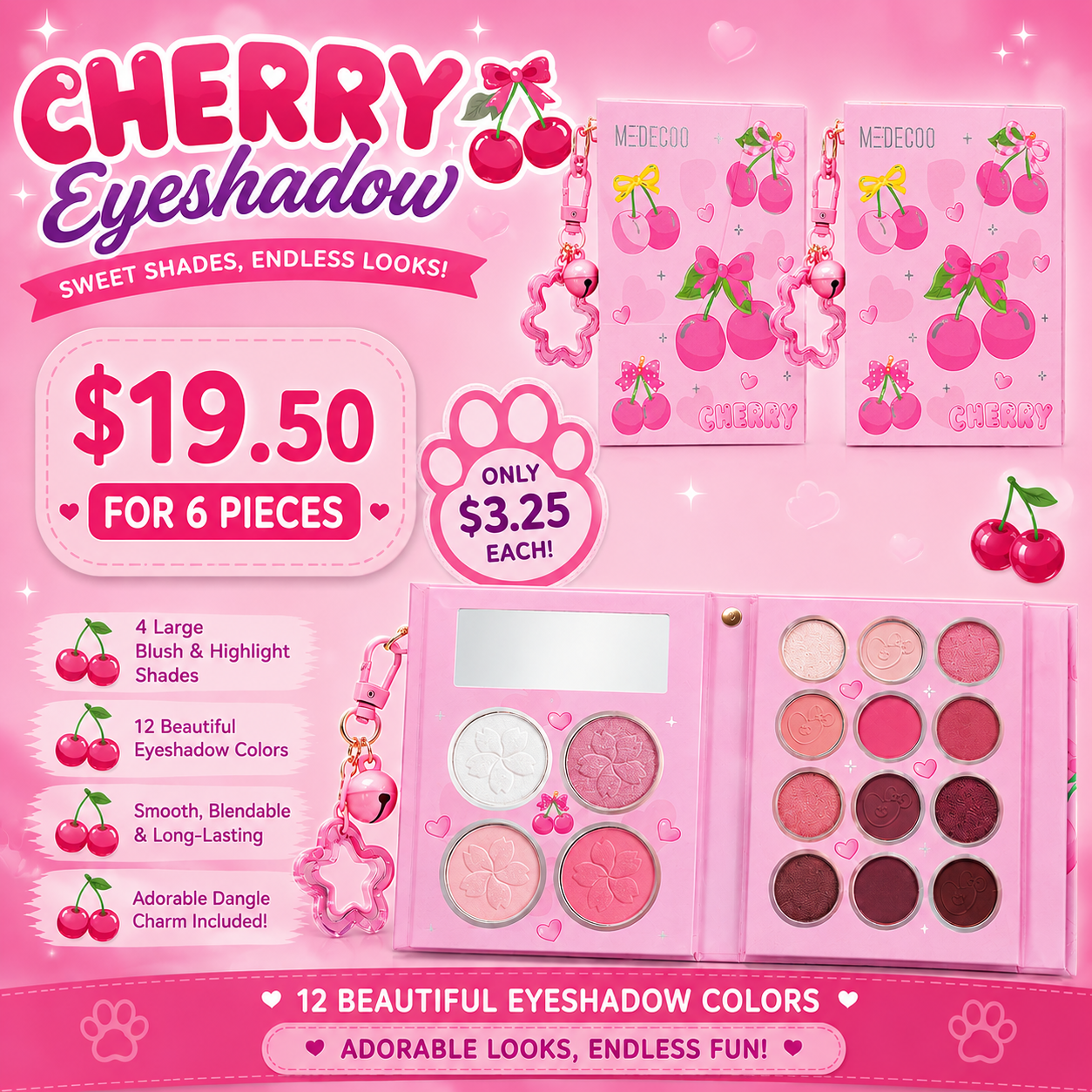 6PCS DISPLAY MEDECOO CHERRY EYESHADOW PALETTE WITH DANGLE CHARM EYE-1632