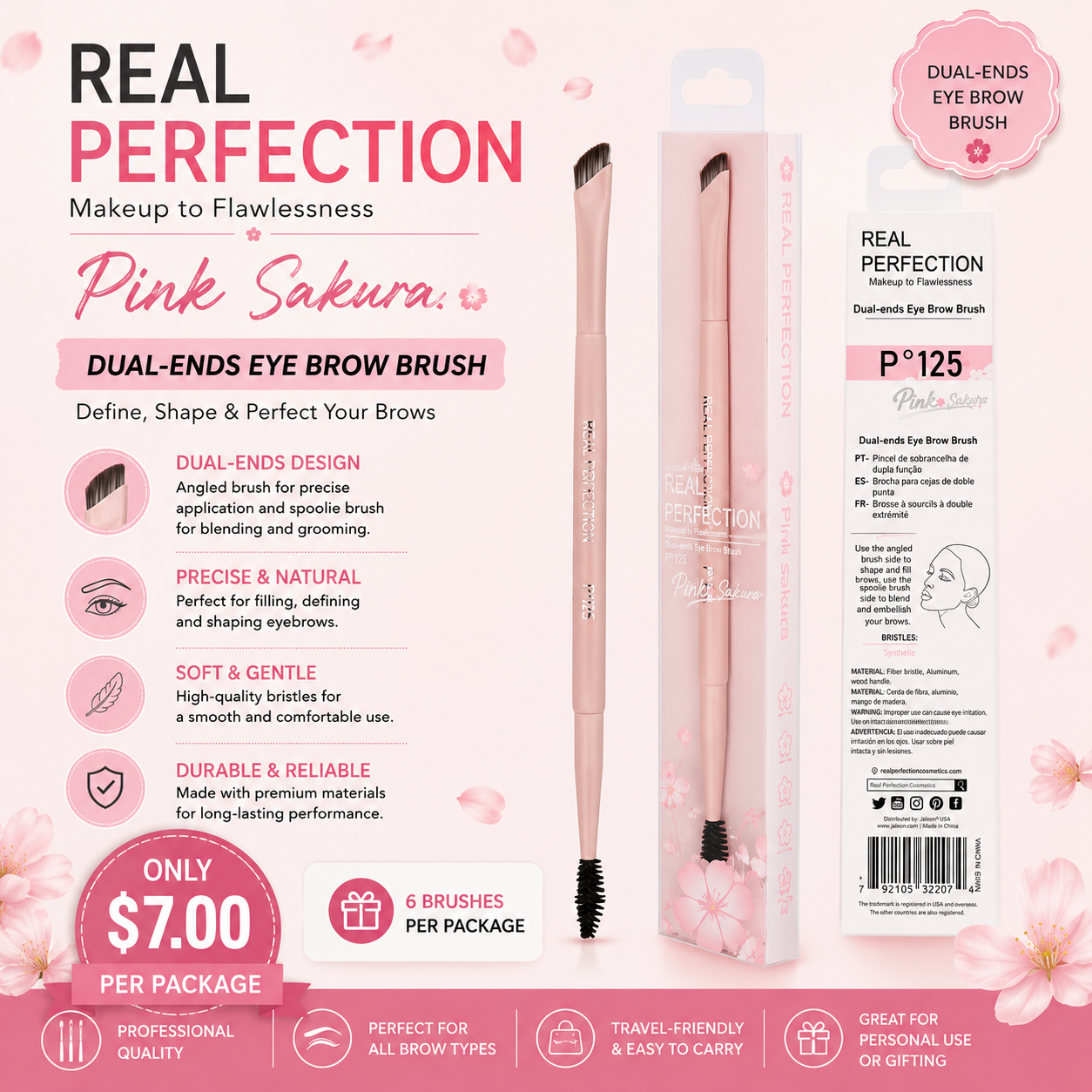 6PCS PACK REAL PERFECTION PINK SAKURA DUAL-ENDS EYE BROW BRUSH P-125