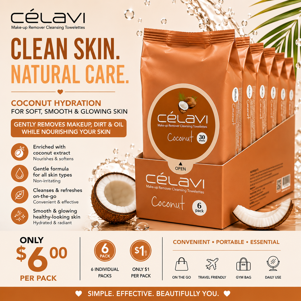 6PCS DISPLAY CELAVI COCONUT MAKE-UP REMOVER CLEANSING TOWELETTES MT015