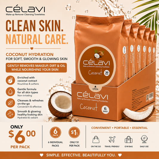 6PCS DISPLAY CELAVI COCONUT MAKE-UP REMOVER CLEANSING TOWELETTES MT015