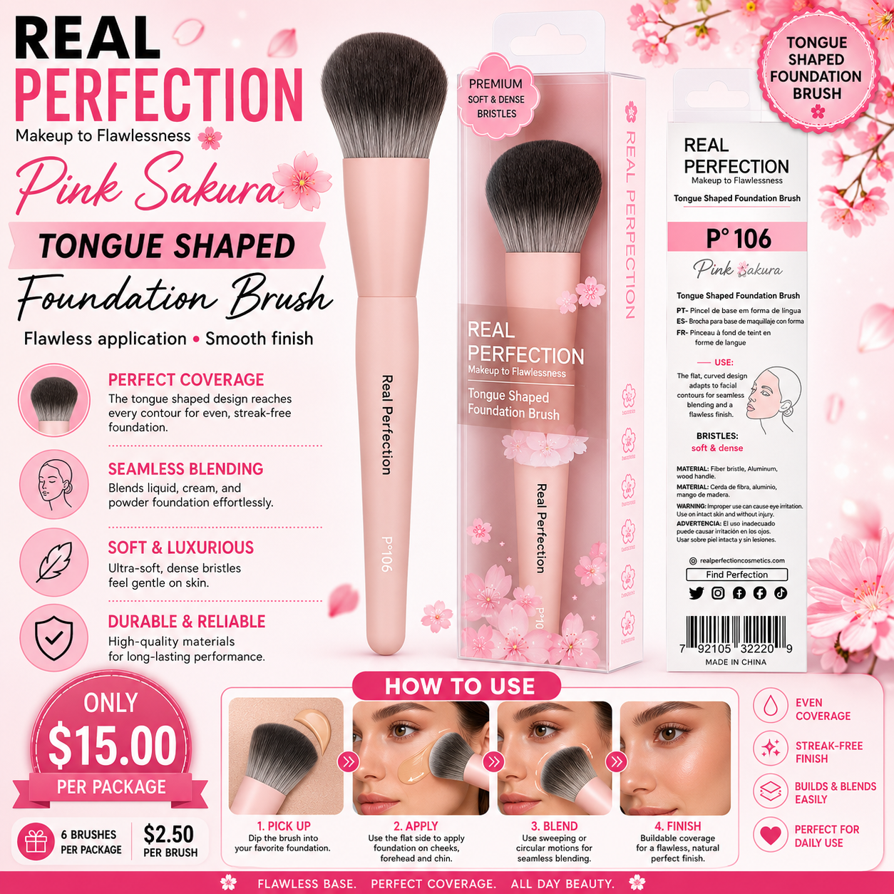 6PCS PACK REAL PERFECTION PINK SAKURA TONGUE SHAPED FOUNDATION BRUSH P-106