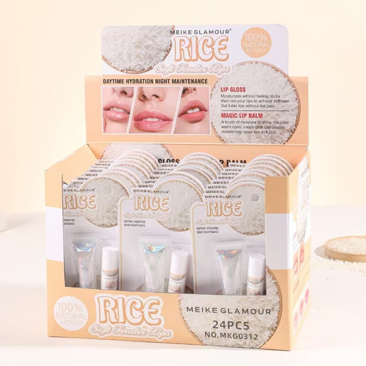 24PCS DISPLAY 2PC X PACK MEIKE RICE LIPGLOSS + LIP BALM