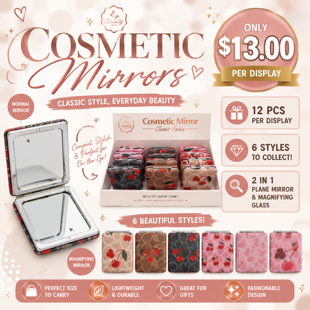 12PCS DISPLAY CHERRY INSPO COSMETIC MIRROR 3470