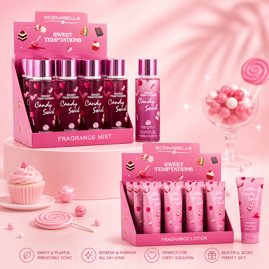 2 DISPLAYS 12PCS EACH 1 SPRAY 1 CREAM SCENA BELLA SWEET TEMPTATION CANDY SWIRL BODY MIST & BODY LOTION