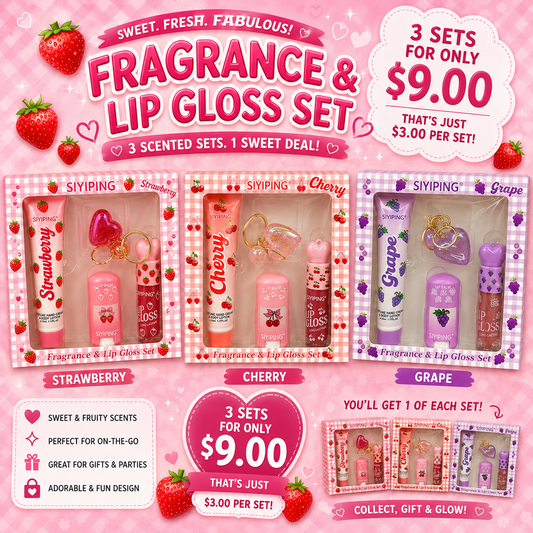 3PCS SET SIYIPING CHERRY, GRAPE & STRAWBERRY FRAGRANCE & LIP GLOSS DUO SET