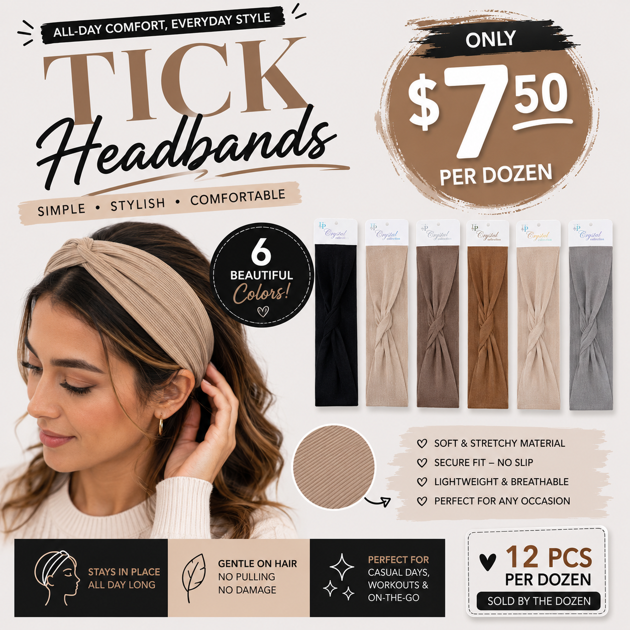 12PCS PACK HEAD BANDS TICK 6 COLORS KHR-1637E