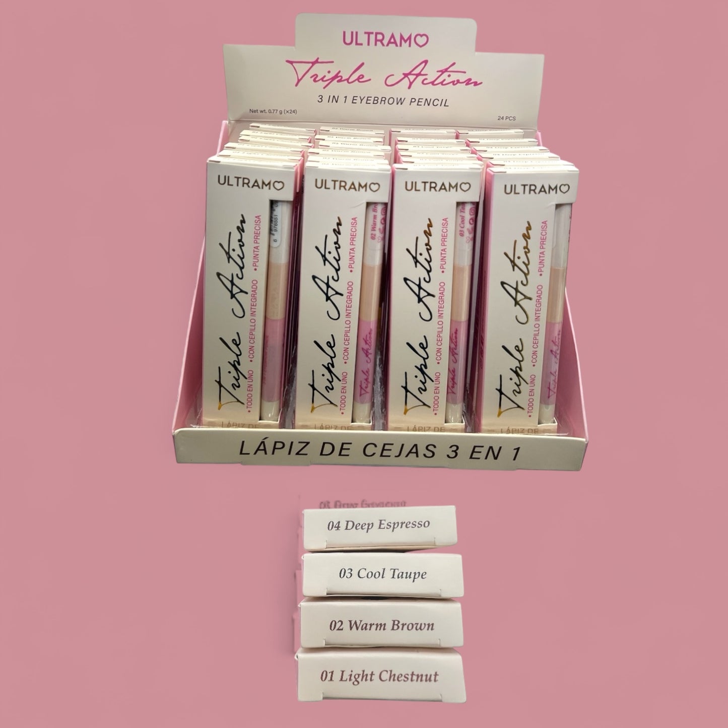 24PCS DISPLAY ULTRAMO TRIPLE ACTIONS 3 IN 1 EYEBROW PENCIL WP052