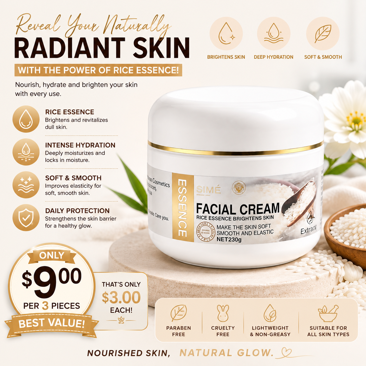 3PCS SIMPLY BELLA FACIAL CREAM RICE ESSENCE SIB1032