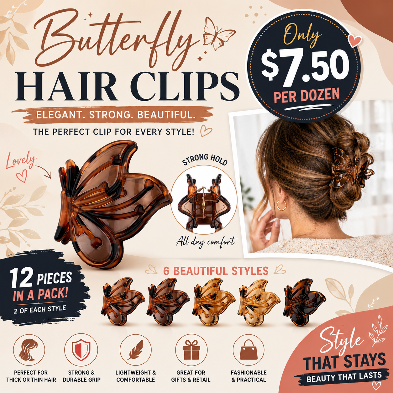12PCS PACK BROWNS BUTTERFLY HAIR CLIPS DHC-1204