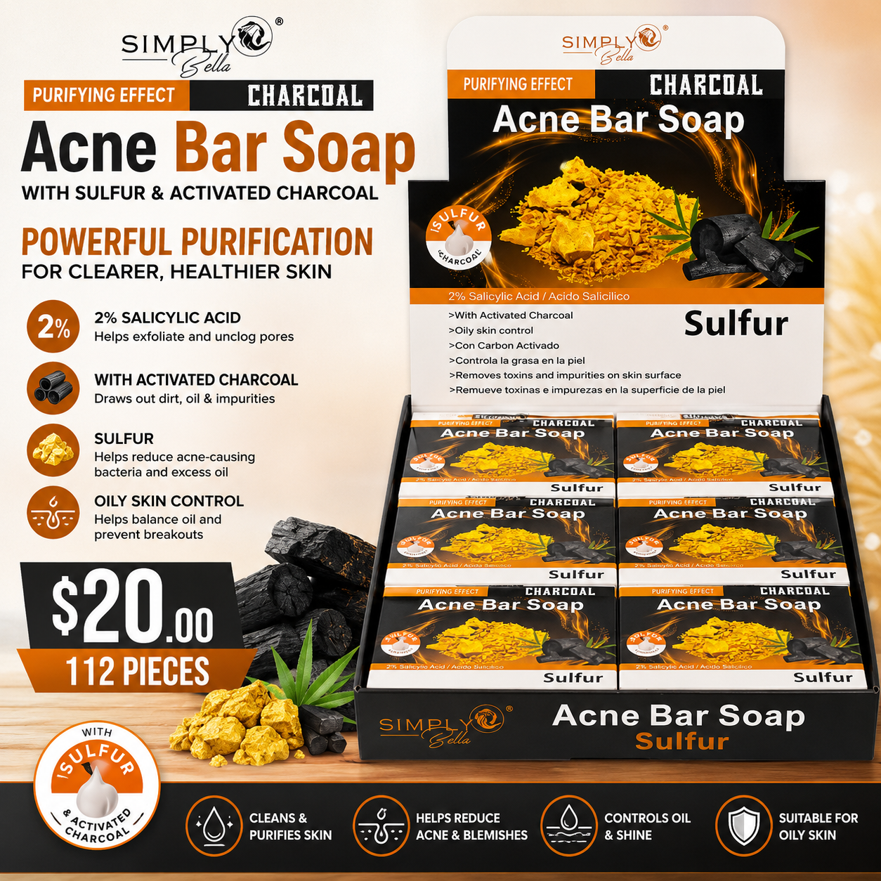 12PCS SIMPLY BELLA SULFUR PURIFYING EFFECT CHARCOAL ACNE BAR SOAP SIM078