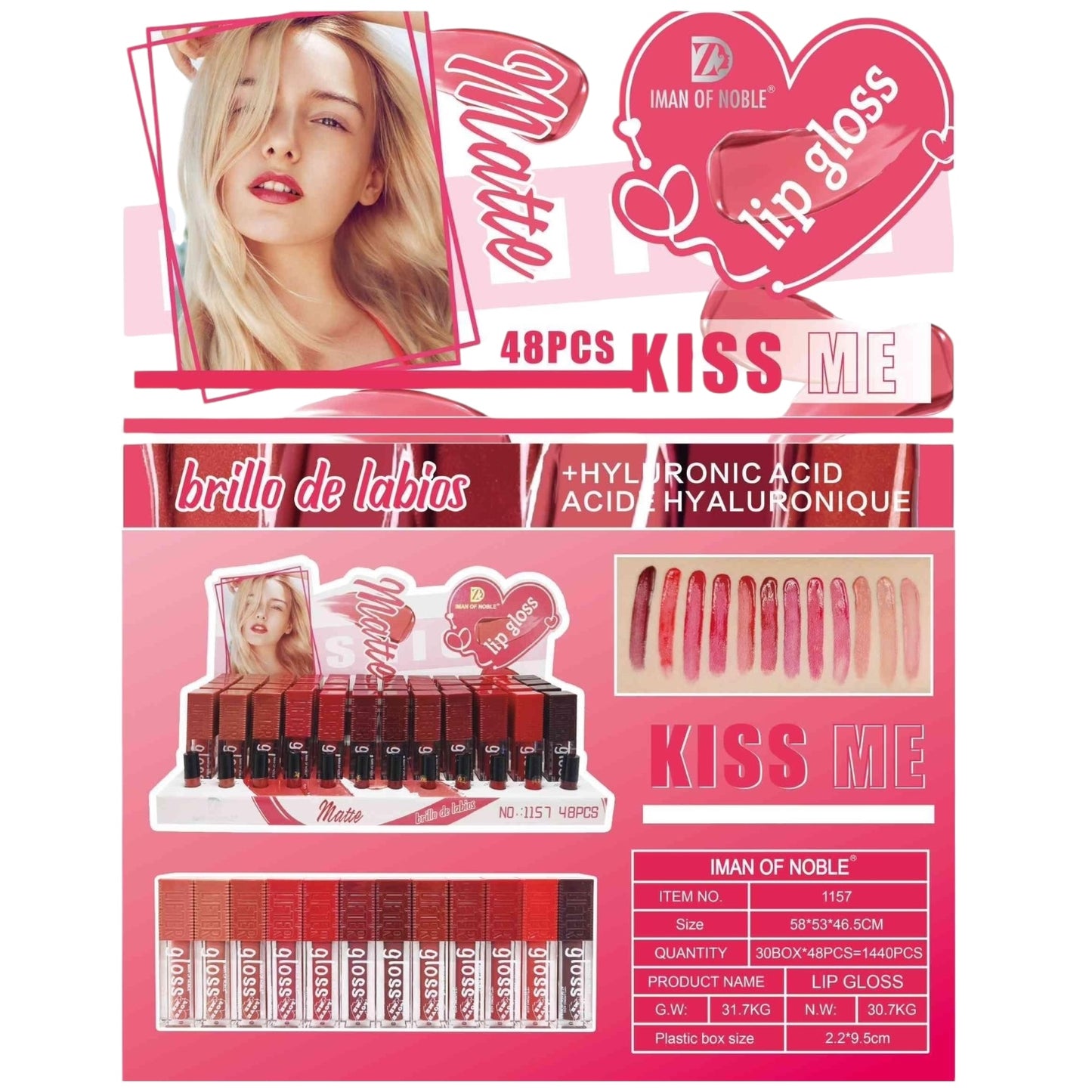 IMÁN OF NOBLE MATTE LIP GLOSS KISS ME 48PCS DISPLAY WITH 12 SAMPLES   #70