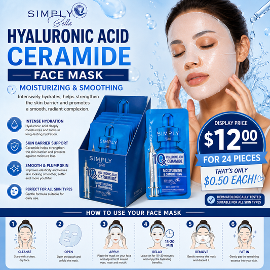 24PCS DISPLAY SIMPLY BELLA HYALURONIC ACID CERAMIDE SHEET FACE MASK SIB1056