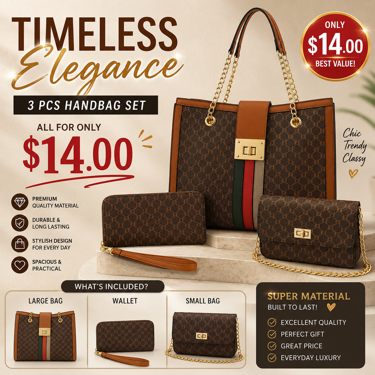 1PCS SET G&G LUXURY BAG, WALLET & PURSE BROWN