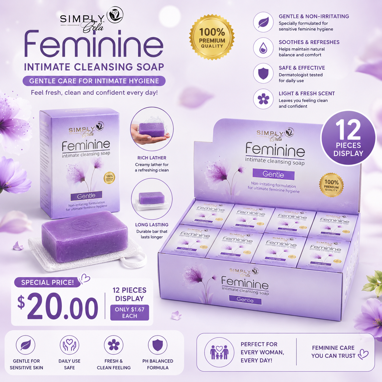 12PCS DISPLAY SIMPLY BELLA JABON ÍNTIMO FEMENINO  SIM010