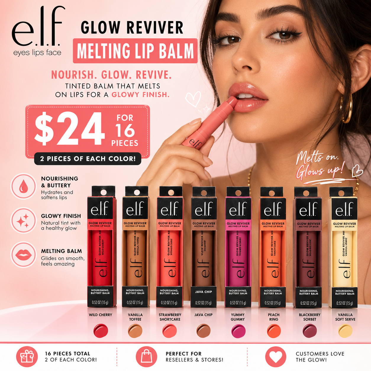 16PCS ELF GOLD REVIVER MELTING LIP BALM 2 COLOR EACH
