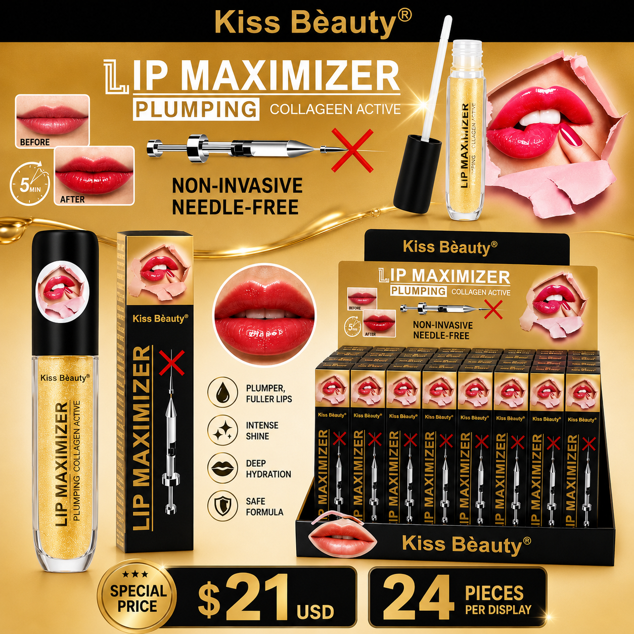 24PCS DISPLAY KISS BEAUTY PLUMPING COLLAGEN ACTIV LIP MAXIMIZER 7831