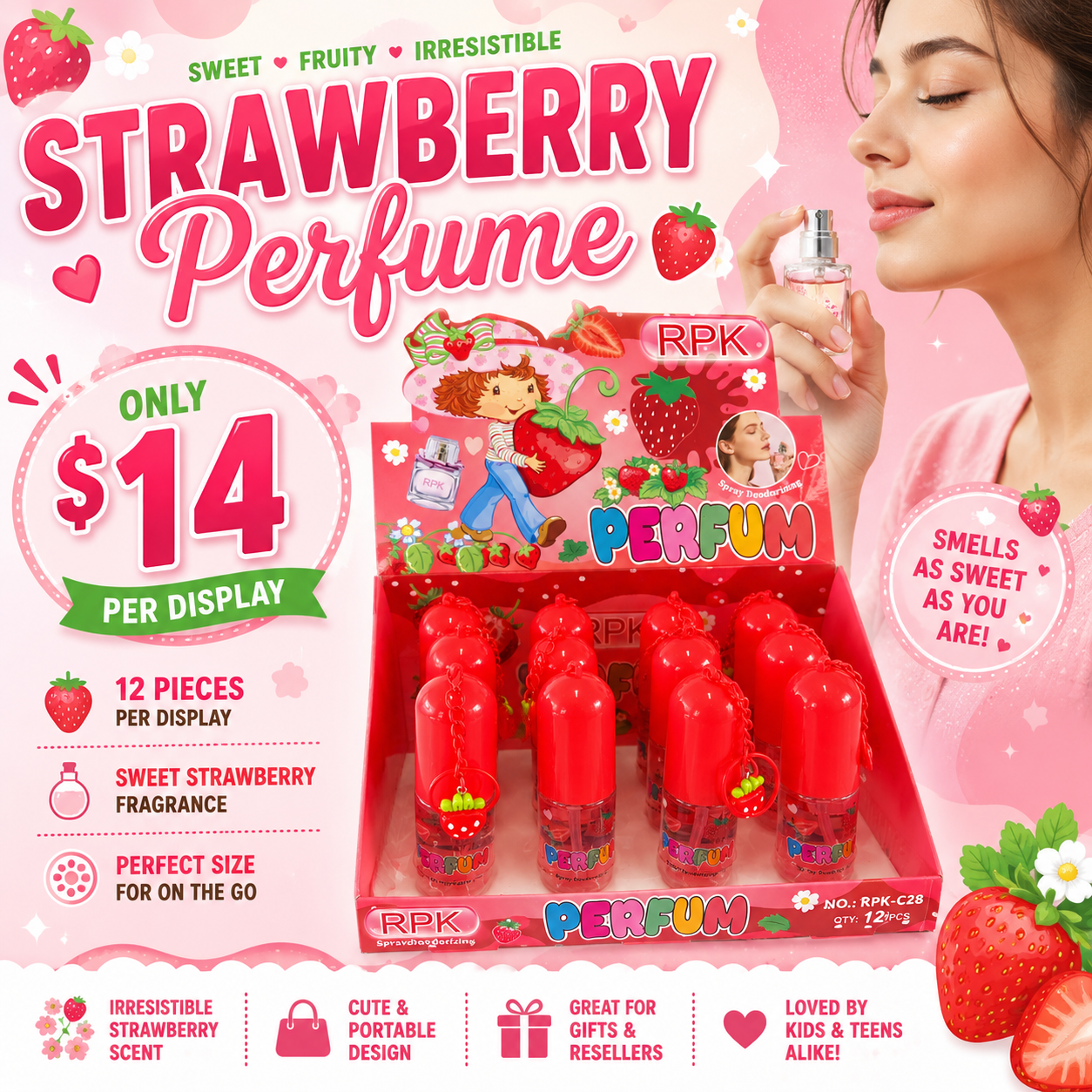 12PCS DISPLAY PERFUME STRAWBERRY GIRL WITH KEYCHAIN RPK-C28