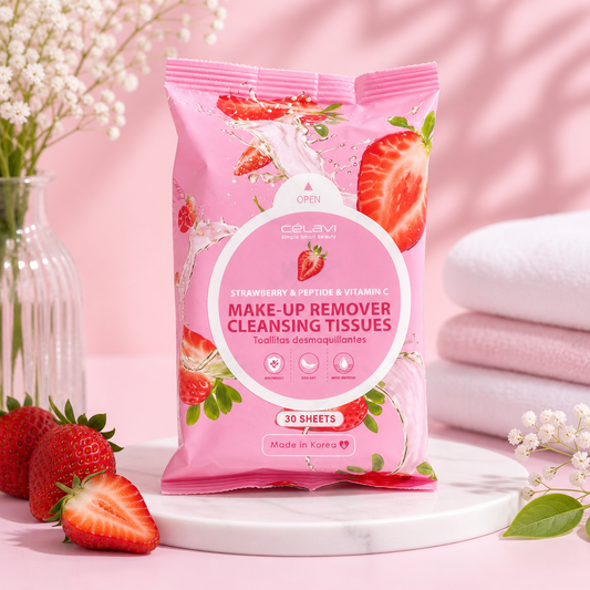 6PCS DISPLAY CELAVI STRAWBERRY & PEPTIDE + VITAMIN C MAKE UP REMOVER CLEANSING TISSUES MT031