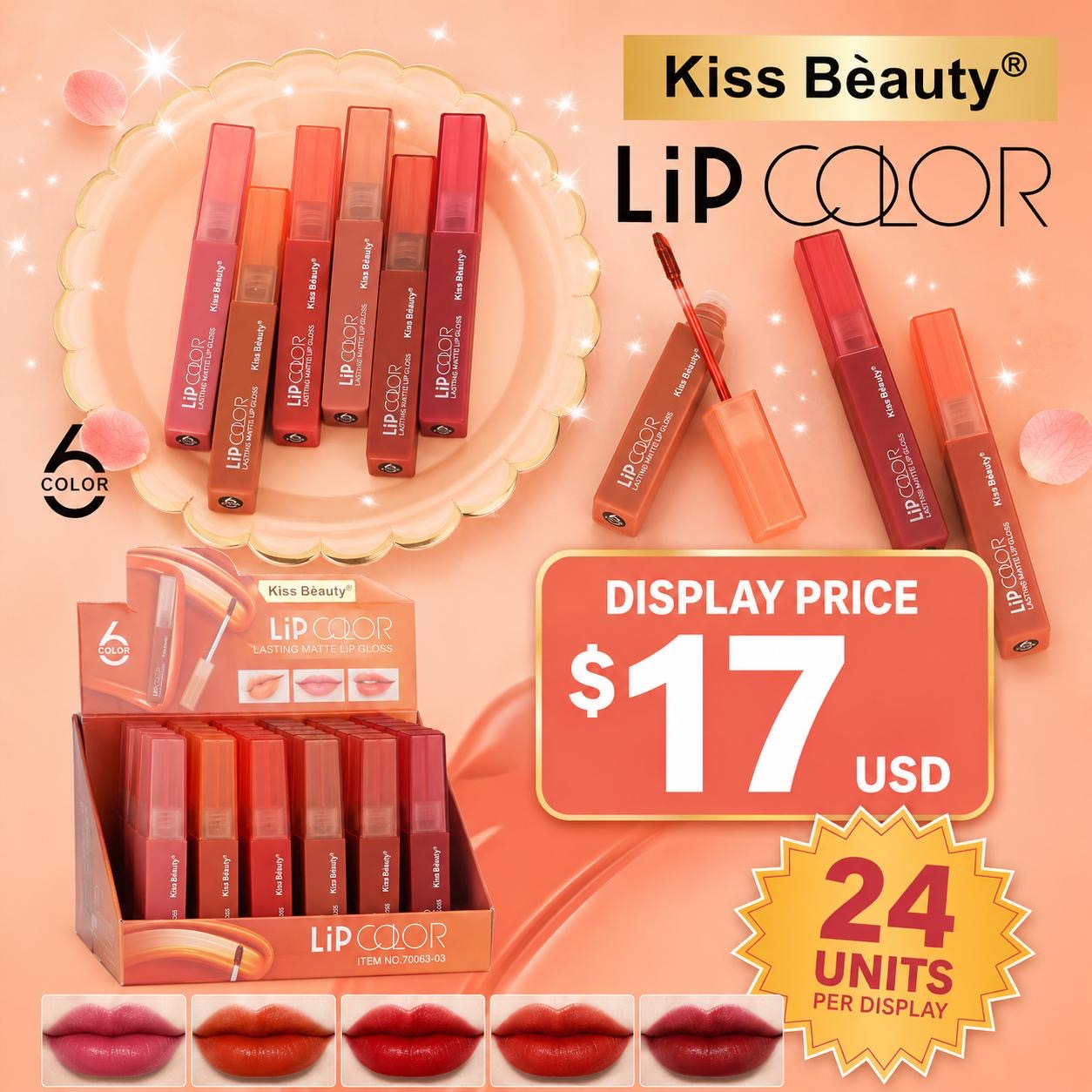 24PCS DISPLAY KISS BEAUTY LIP COLOR MATTE LIP GLOSS 70063-03