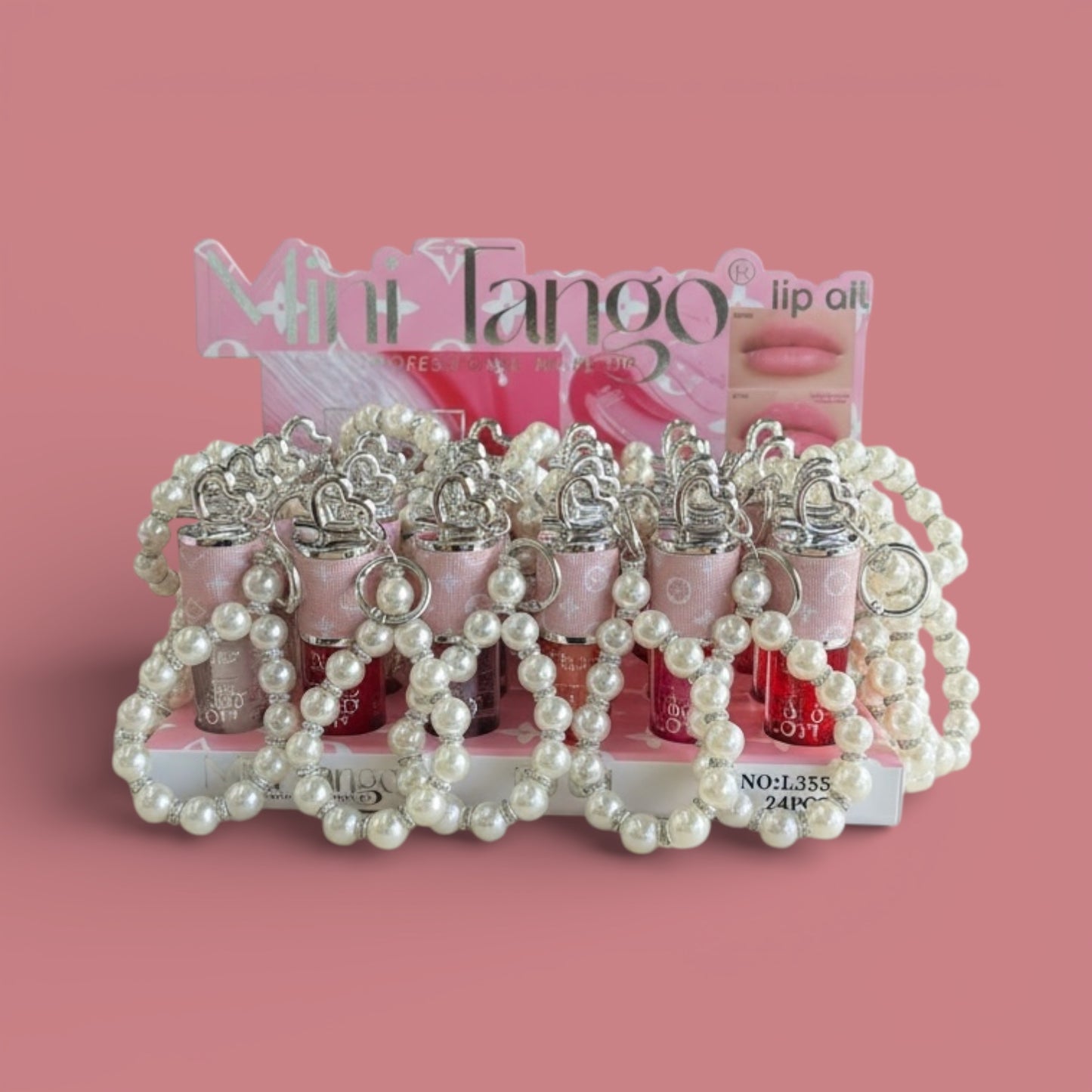 24PCS DISPLAY MINI TANGO COLORED LIPGLOSS WITH PERAL CHARM L355