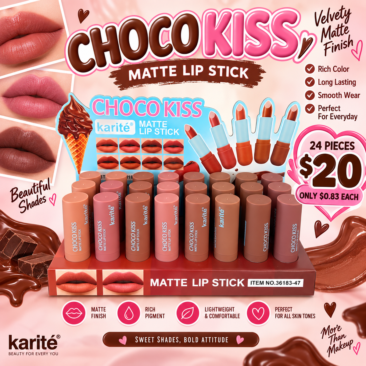 24PCS DISPLAY KARITE CHOCÓ KISS MATTE LIPSTICK 36183-47