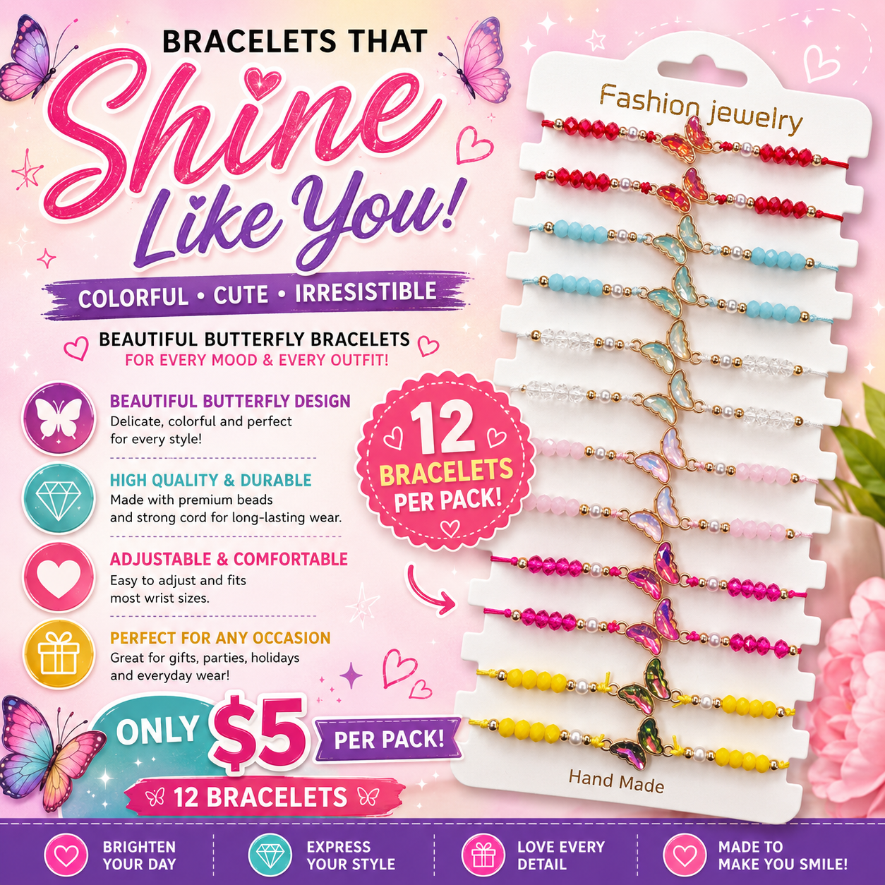 12PCS PACK GLOSSY BUTTERFLY STRING  BRACELET 9132