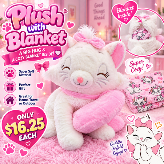 1PCS MAGICAL WHITE &PINK CAT PLUSH  + BLANKET P3