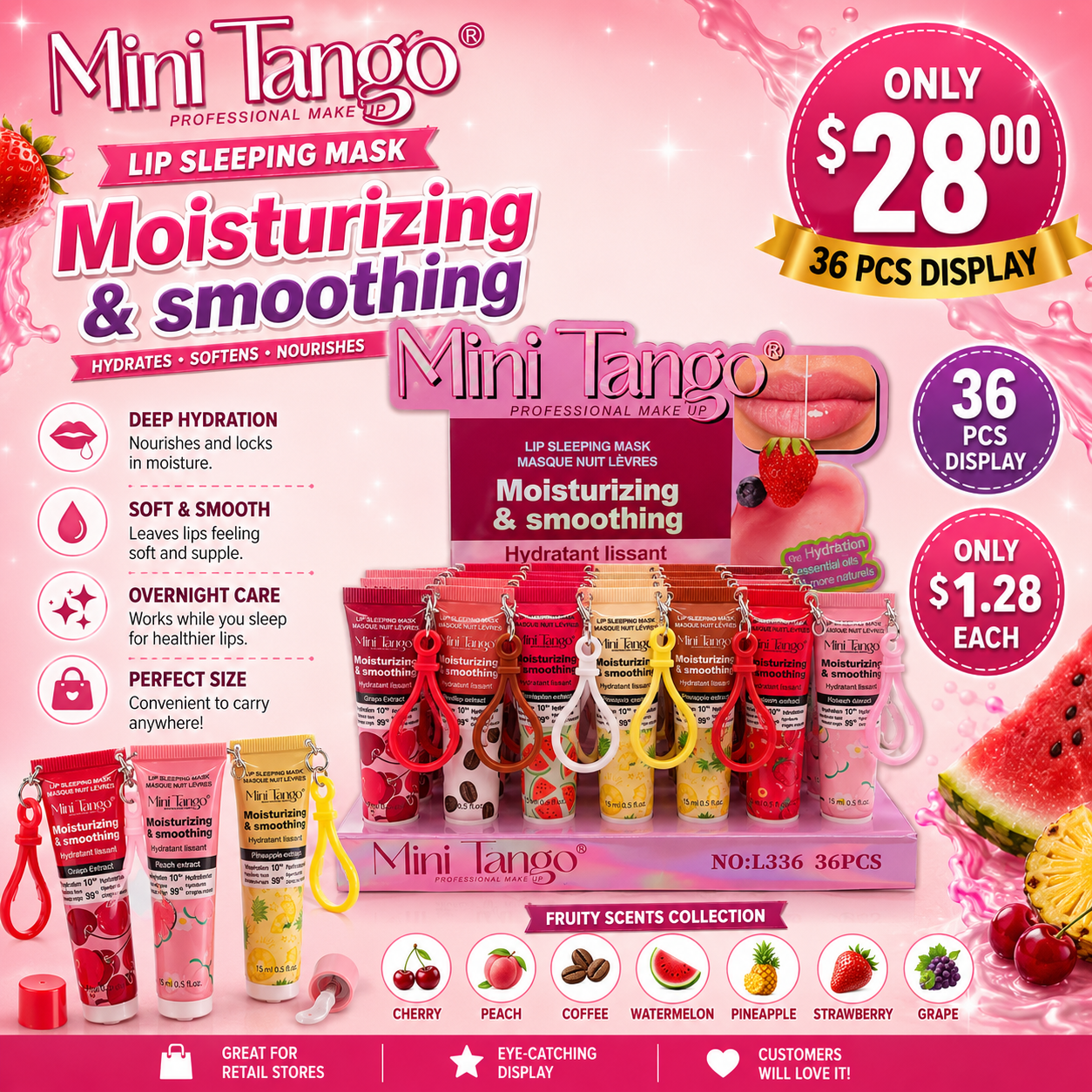 36PCS DISPLAY MINI TANGO SMOOTHING  MOISTURIZING LIP GLOSS L336