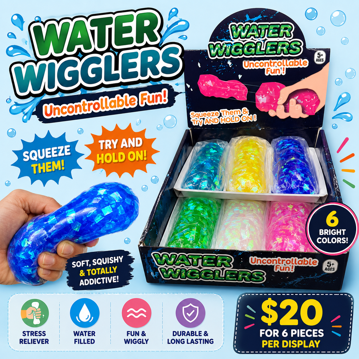 6PCS DISPLAY  MEDIUM CONFETTI WIGGLE WATER SQUISHY DA002