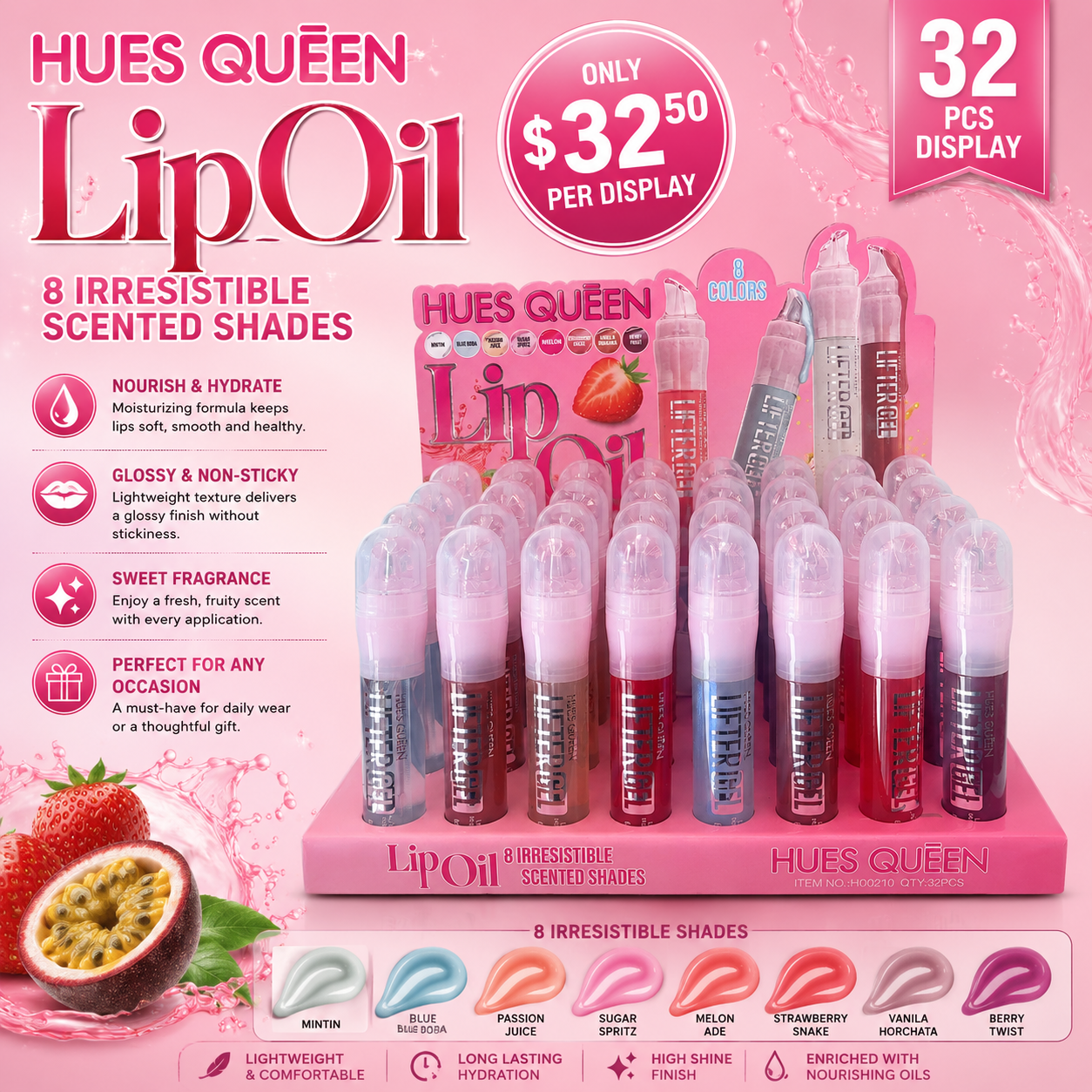 32PCS DISPLAY HUES QUEEN LIP OIL LITTER GEL HQ0210