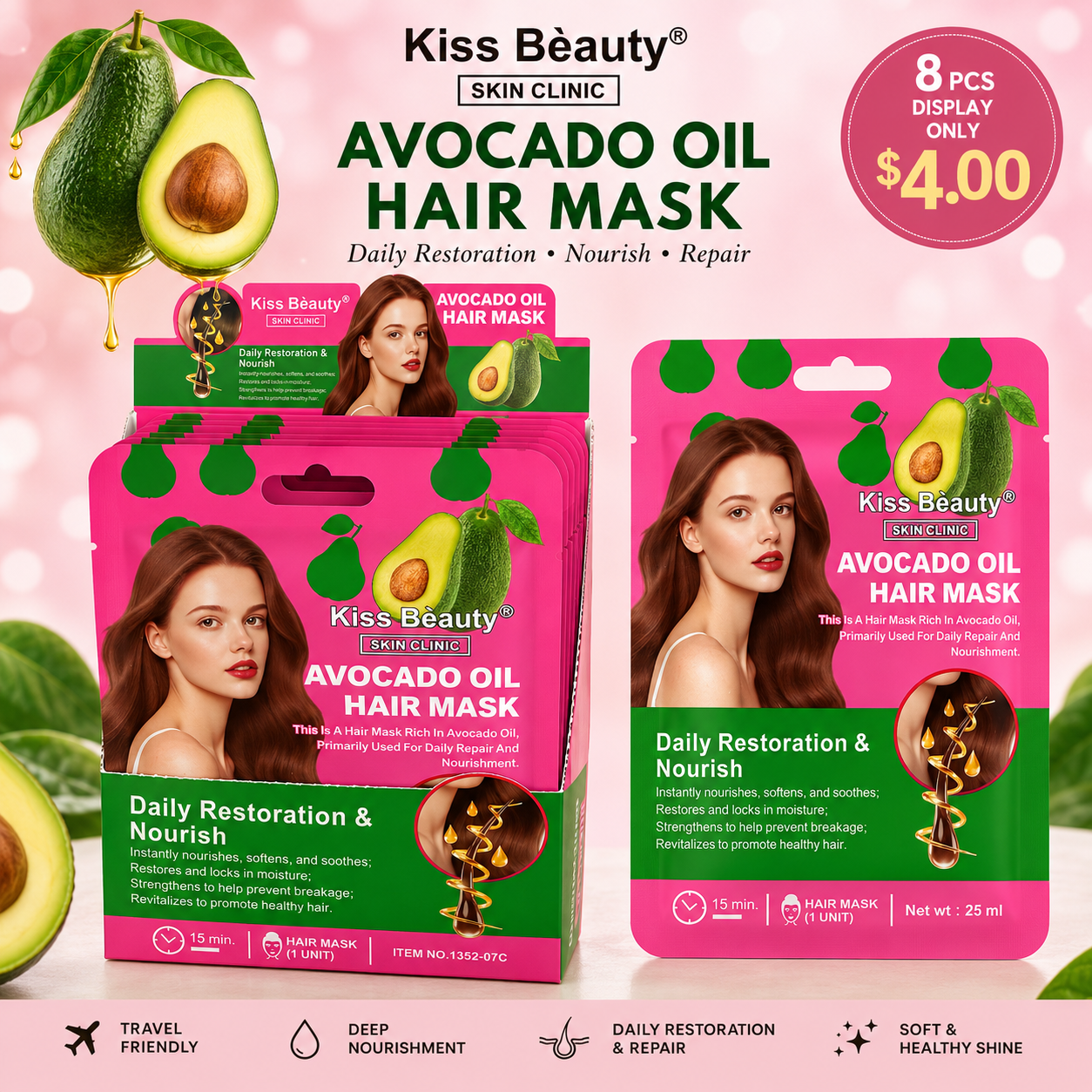 8 PCS DISPLAY KISS BEAUTY AVOCADO OIL HAIR MASK 1352-07C