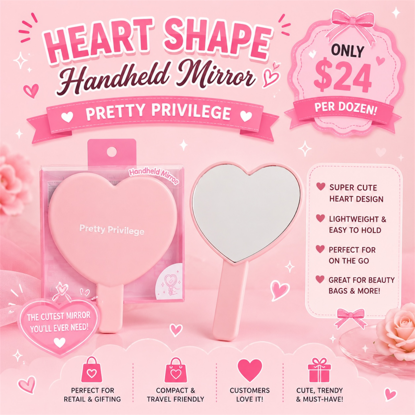 12PCS PACK PRETTY PRIVILEGE LIGHT PINK HEART HANDHELD MIRROR PHM