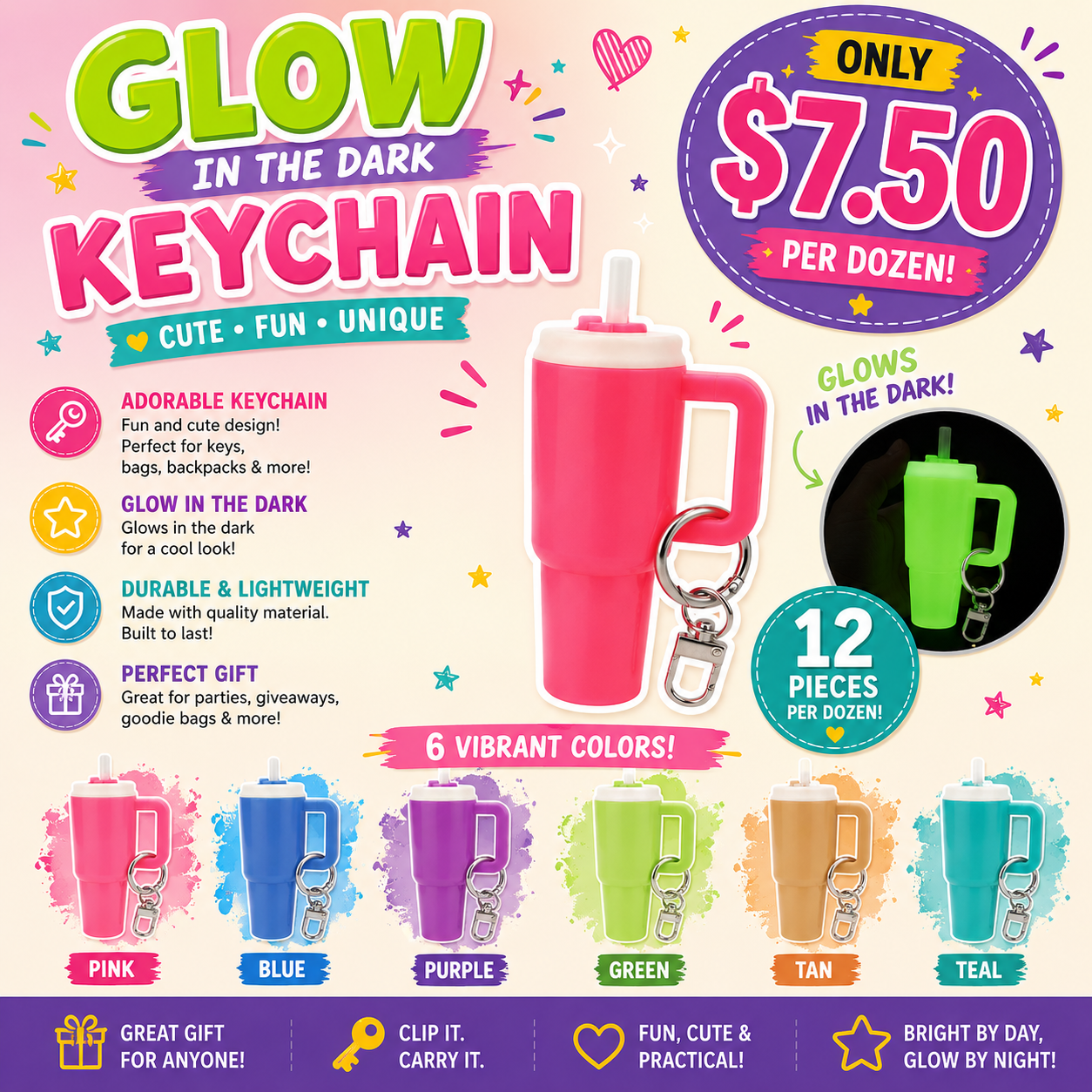 12PCS PACK KEYCHAIN COLORED CUP  GLOW IN THE DARK KEYCHAIN ANV-0270