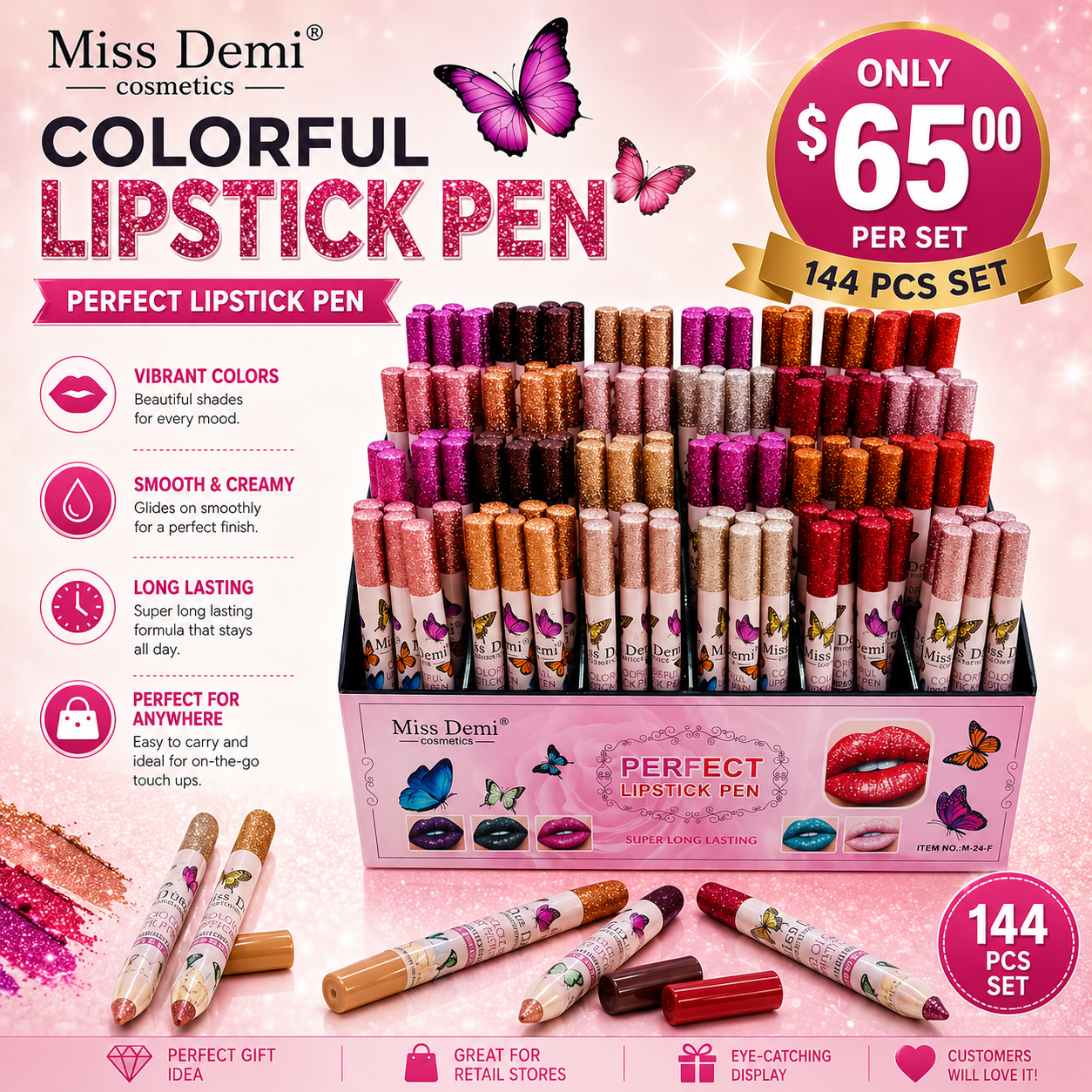 144PCS DISPLAY MISS DEMI GLITTER MULTI USE EYE AND LIPSTICK
