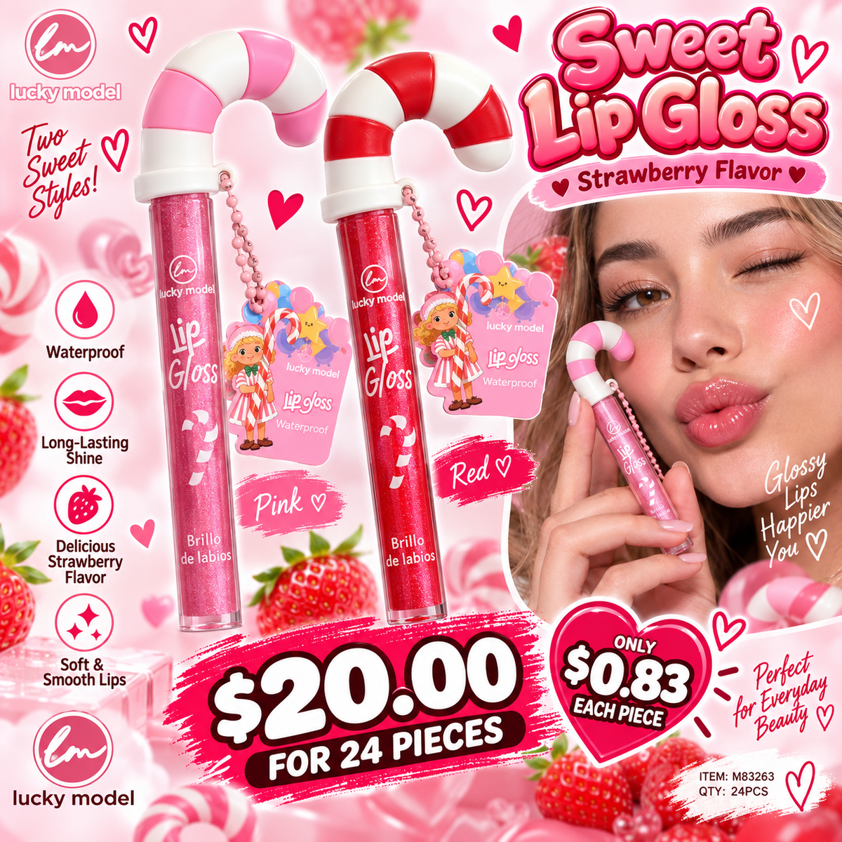 24PCS DISPLAY LUCKY MODEL CANDY CANE LIPGLOSS ML8262