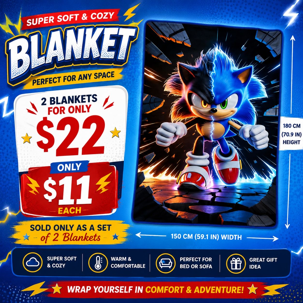 2PCS BLUE SPEED HEDGEHOG  BLANKET