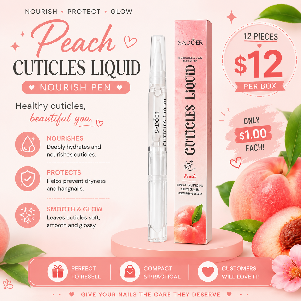 12PCS PACK SADOER PEACH CUTICLE LIQUID NOURISH PEN SD8689