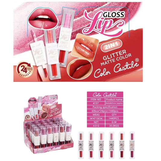 24PCS DISPLAY COLOR CASTILE 2IN1 LIP GLOSS GLITTER MATTE COLORS 4197